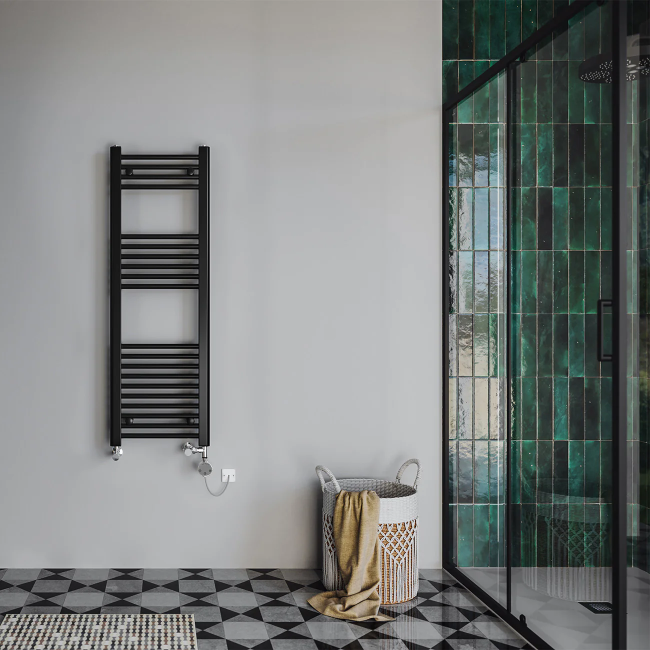 Zennor - Black Dual Fuel Towel Rail H1200mm x W400mm Thermostatic - Straight - Image 2