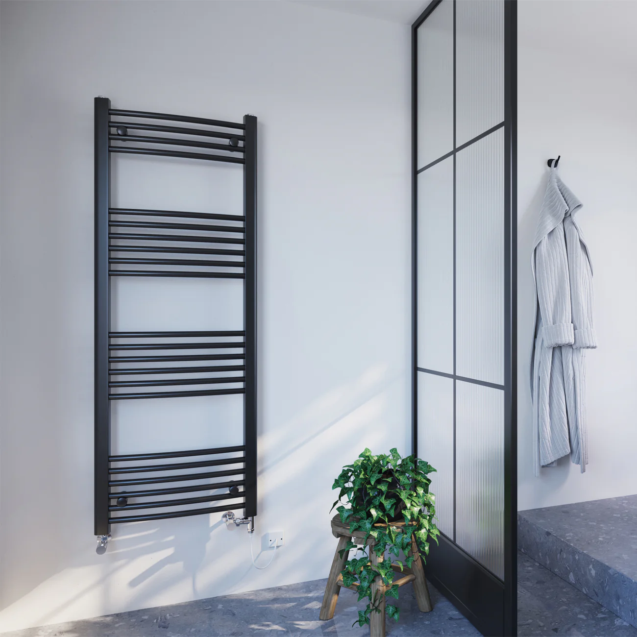 Zennor - Black Dual Fuel Towel Rail H1400mm x W500mm Standard - Curved - Image 2