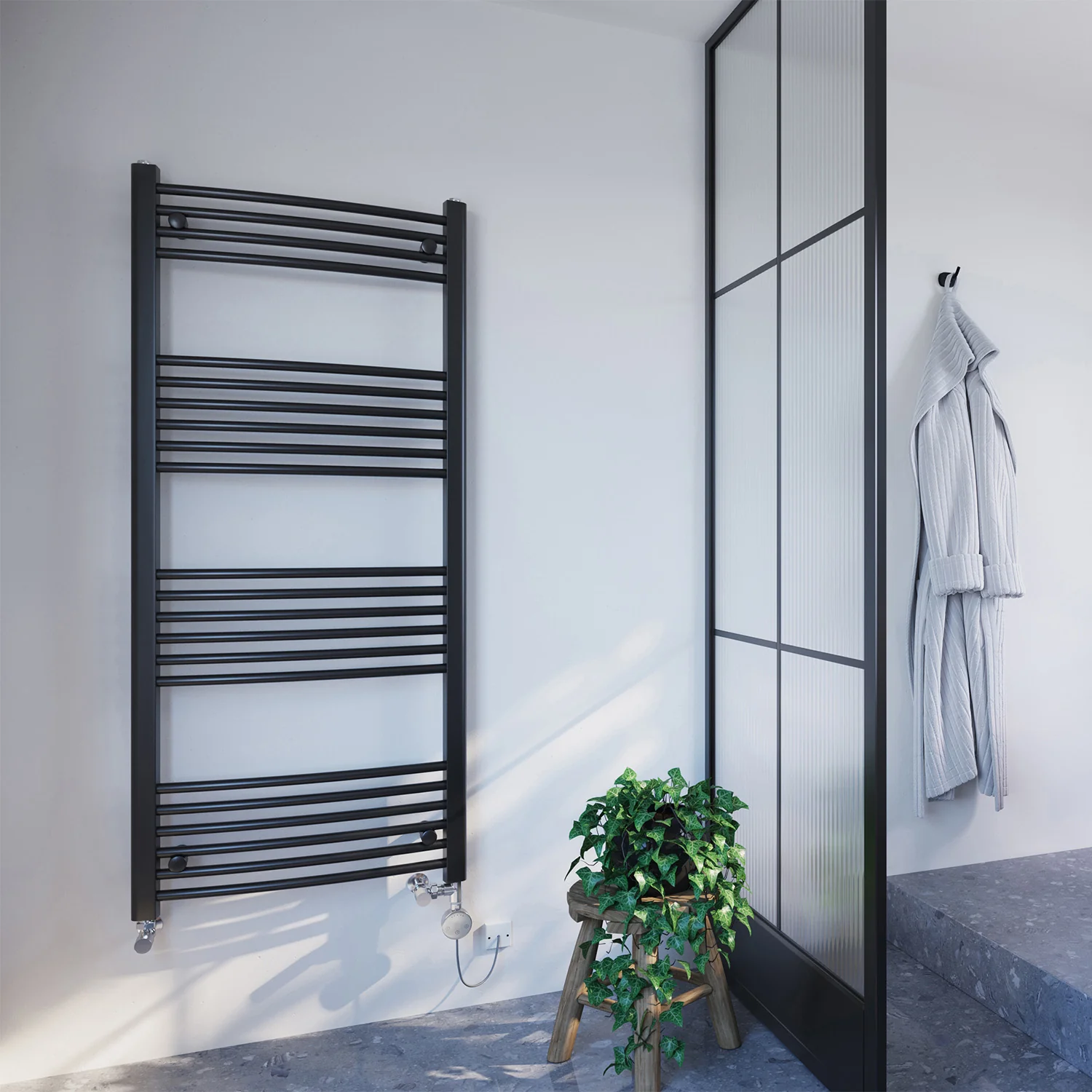 Zennor - Black Dual Fuel Towel Rail H1400mm x W600mm Thermostatic - Curved - Image 2