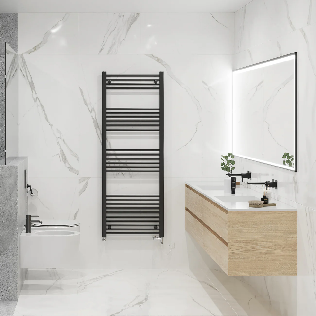 Zennor - Black Dual Fuel Towel Rail H1600mm x W600mm Standard - Straight - Image 2