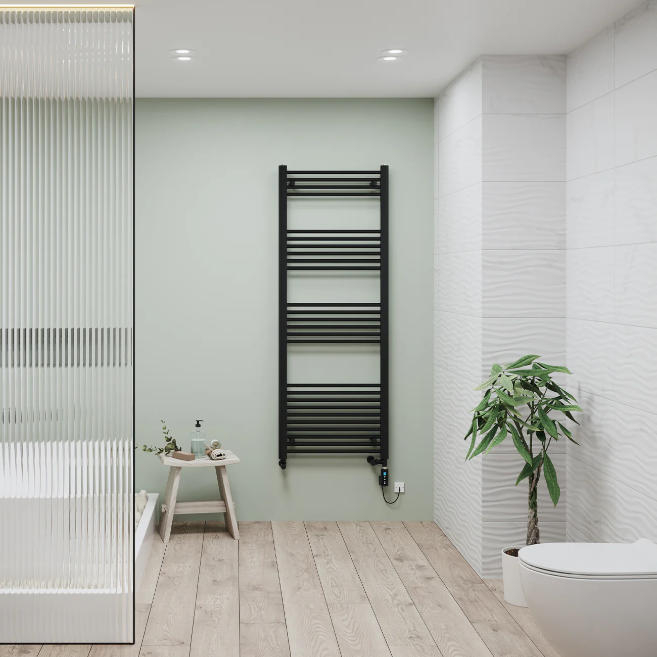 Zennor - Black Dual Fuel Towel Rail H1600mm x W600mm Thermostatic WIFI - Straight - Image 2