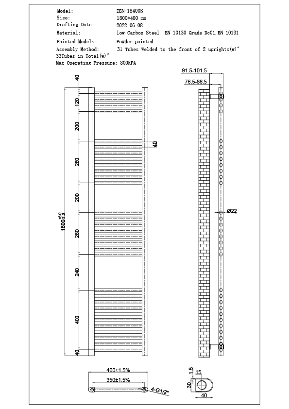 Zennor - Black Dual Fuel Towel Rail H1800mm x W400mm Standard - Image 3