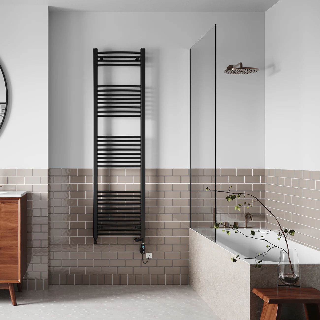 Zennor - Black Dual Fuel Towel Rail H1800mm x W500mm Thermostatic WIFI - Curved - Image 2