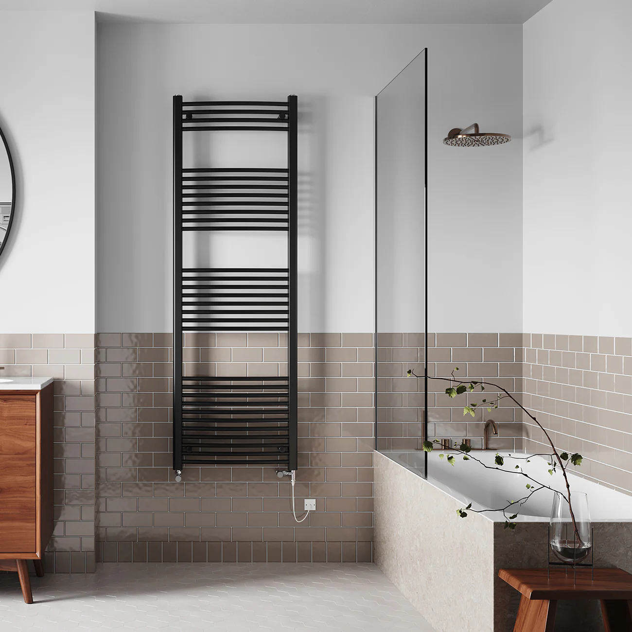 Zennor - Black Dual Fuel Towel Rail H1800mm x W600mm Standard - Curved - Image 2