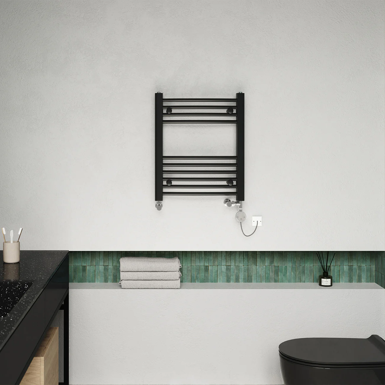 Zennor - Black Dual Fuel Towel Rail H600mm x W500mm Thermostatic - Curved - Image 2