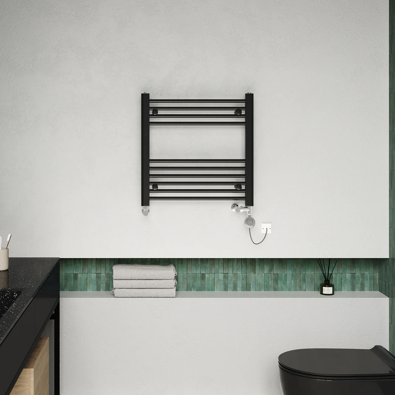 Zennor - Black Dual Fuel Towel Rail H600mm x W600mm Thermostatic - Straight - Image 2