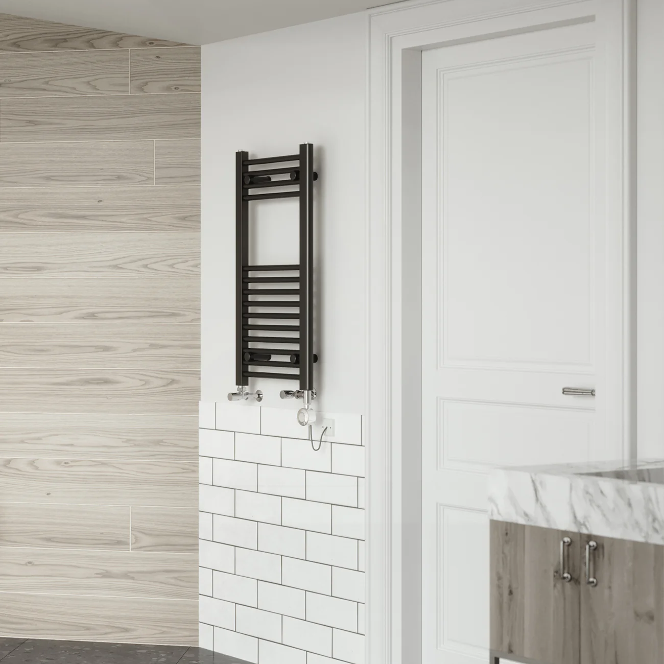 Zennor - Black Dual Fuel Towel Rail H800mm x W400mm Thermostatic - Straight - Image 2