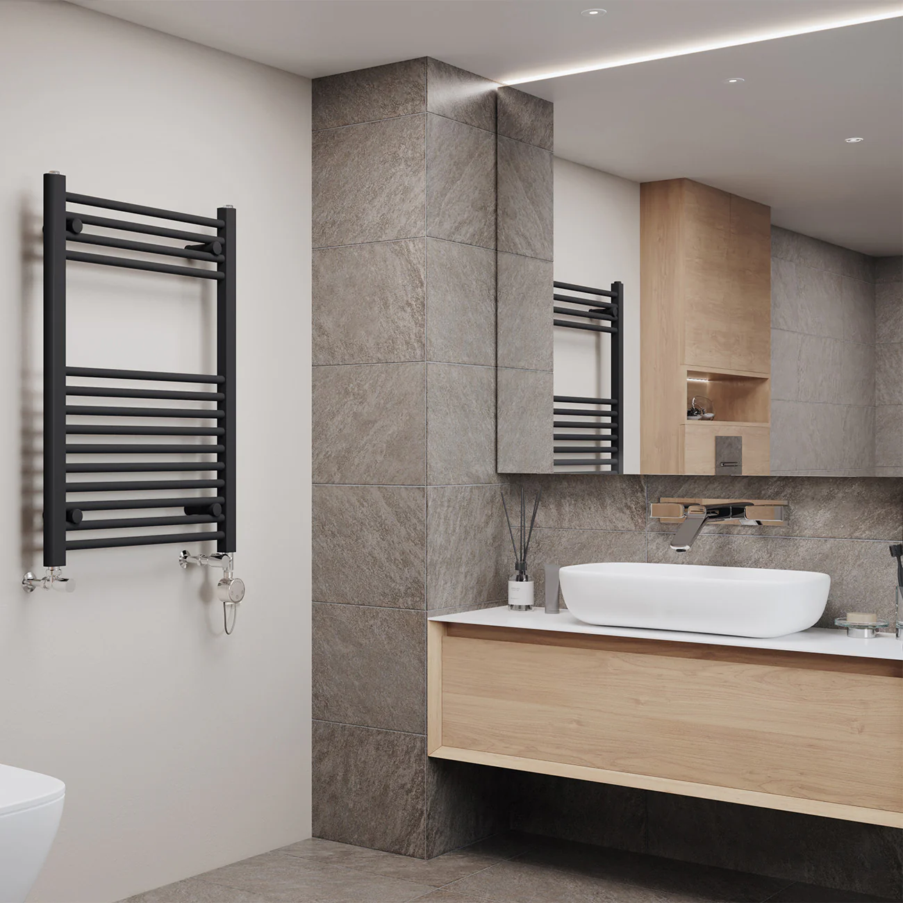Zennor - Black Dual Fuel Towel Rail H800mm x W600mm Thermostatic - Straight - Image 2