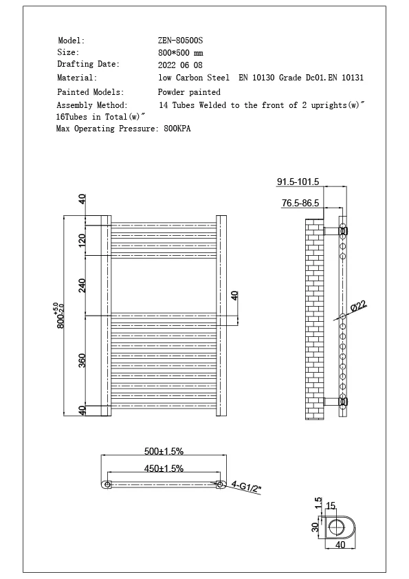 Zennor - Black Heated Towel Rail - H800mm x W500mm - Straight - Image 3