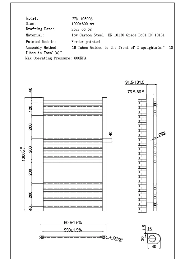 Zennor - Chrome Dual Fuel Towel Rail H1000mm x W600mm Thermostatic WIFI - Straight - Image 3