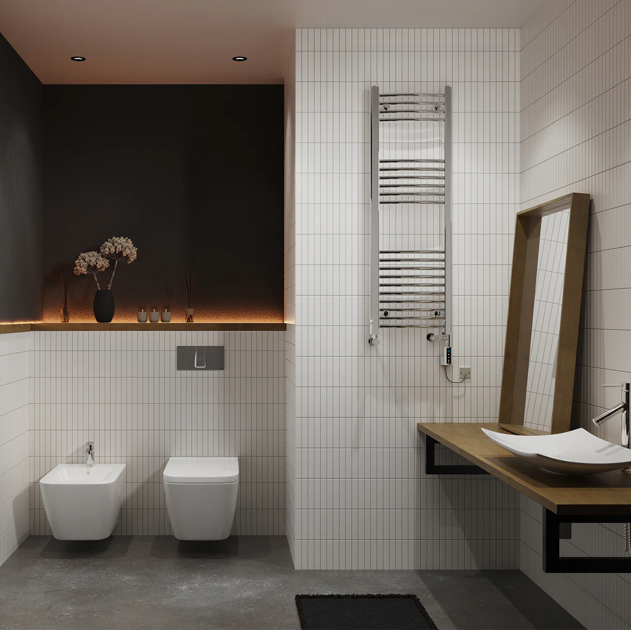 Zennor - Chrome Dual Fuel Towel Rail H1200mm x W400mm Thermostatic WIFI - Curved - Image 2