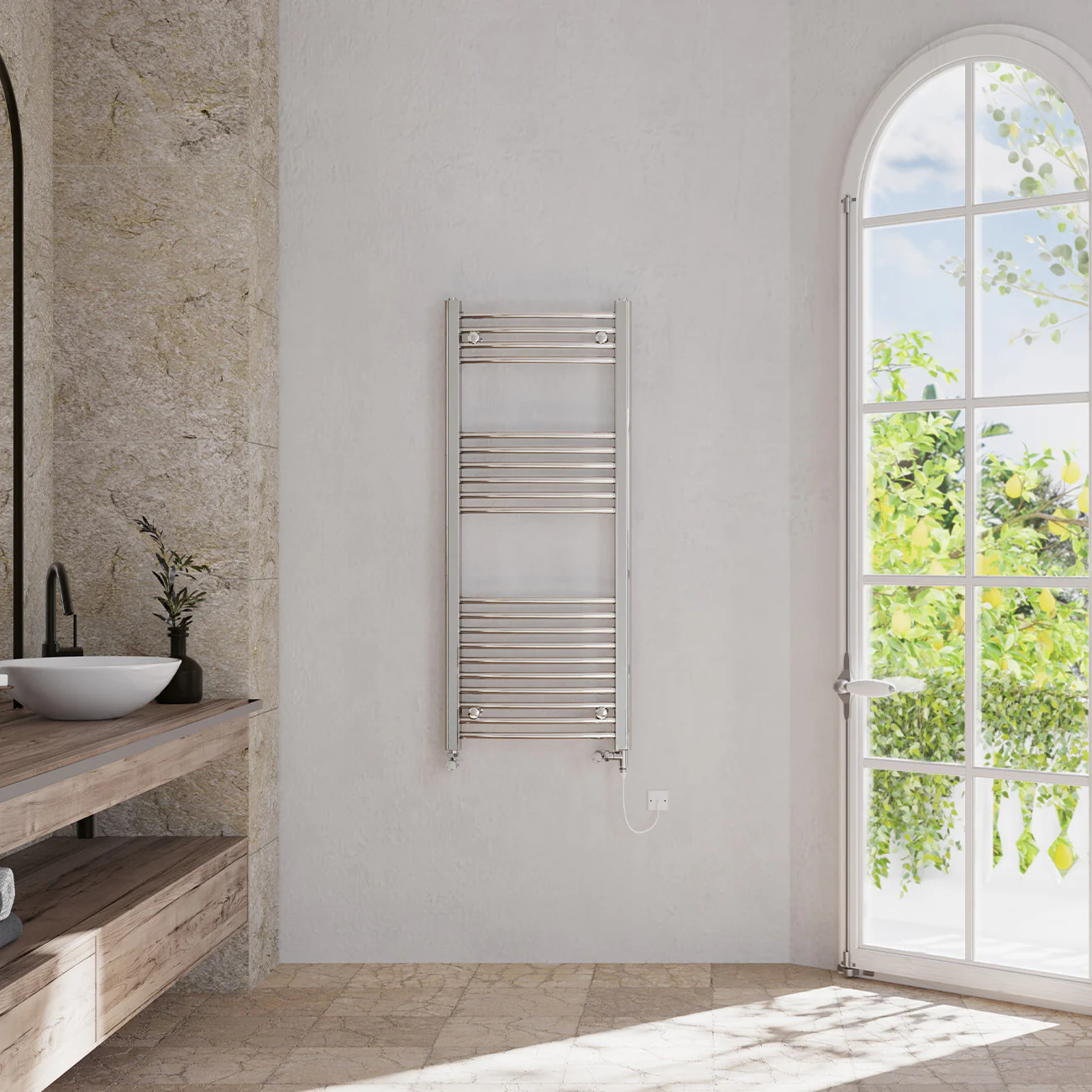 Zennor - Chrome Dual Fuel Towel Rail H1200mm x W500mm Standard - Curved - Image 2