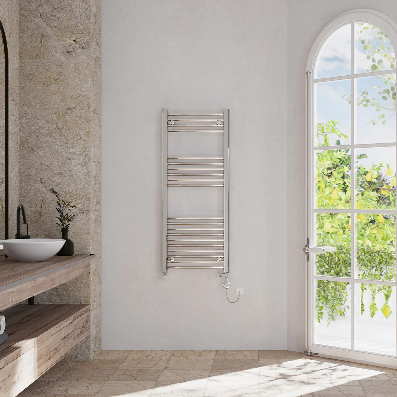 Zennor - Chrome Dual Fuel Towel Rail H1200mm x W500mm Thermostatic - Curved - Image 2