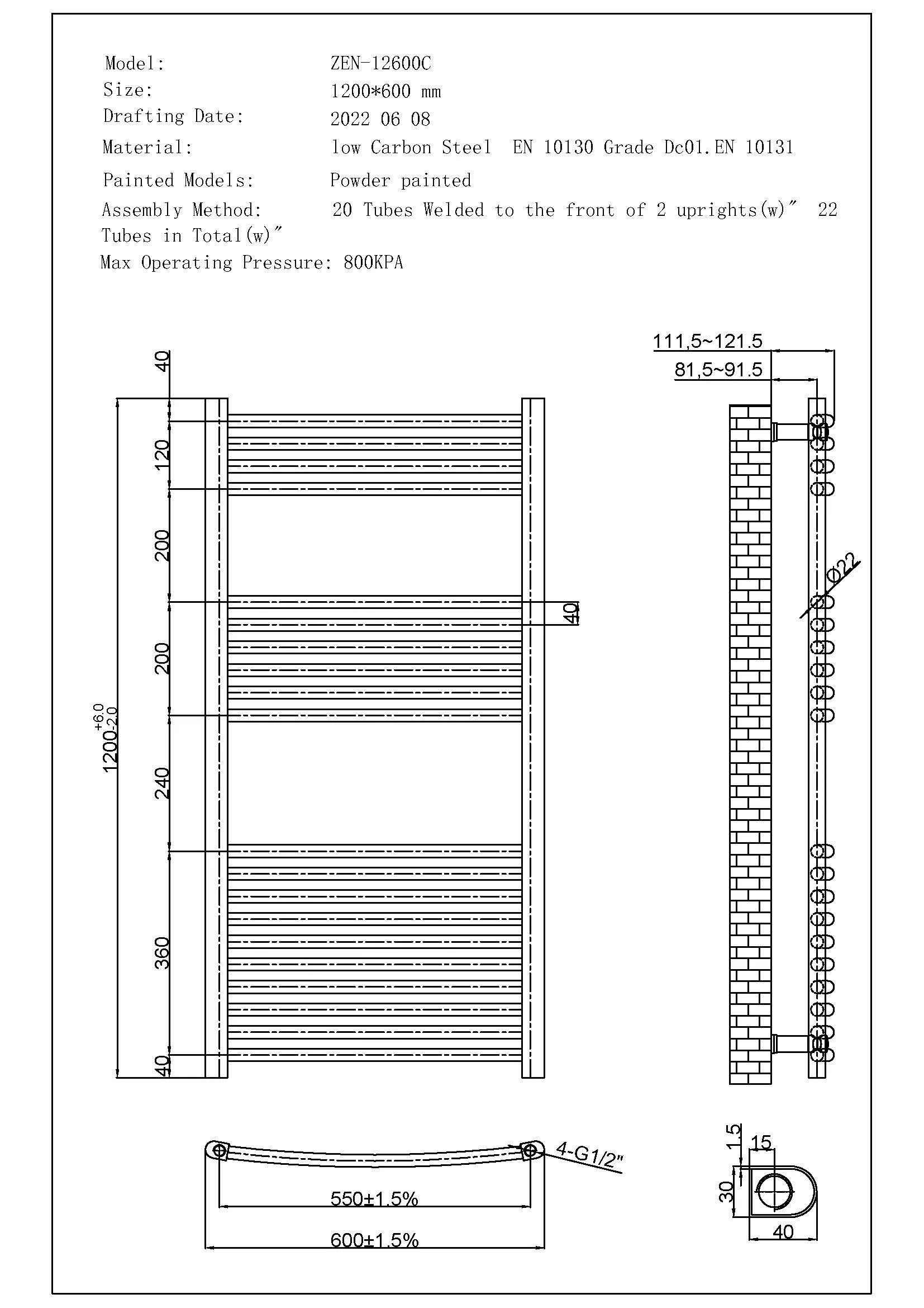 Zennor - Chrome Dual Fuel Towel Rail H1200mm x W600mm Thermostatic WIFI - Curved - Image 3