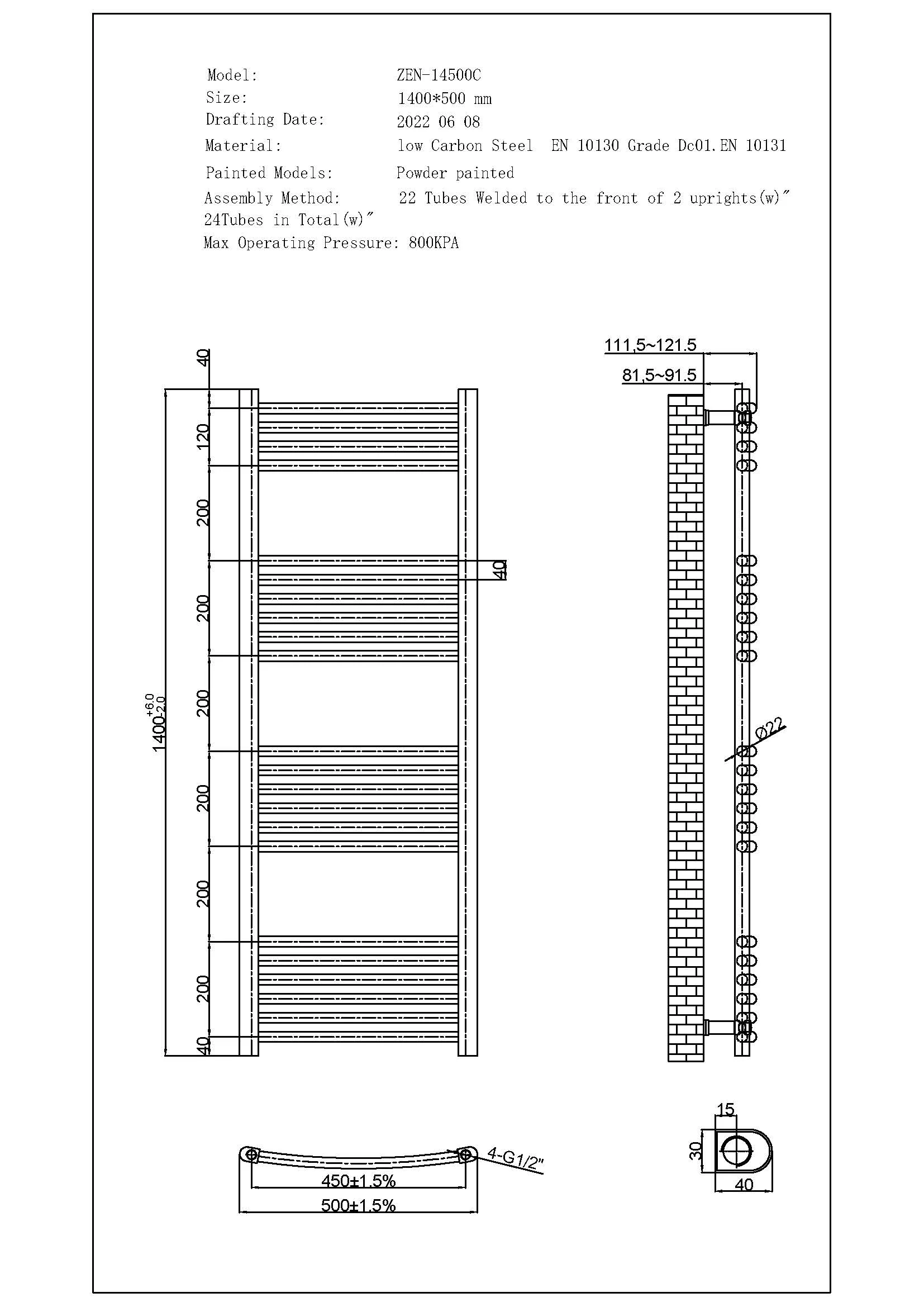 Zennor - Chrome Dual Fuel Towel Rail H1400mm x W500mm Standard - Curved - Image 3