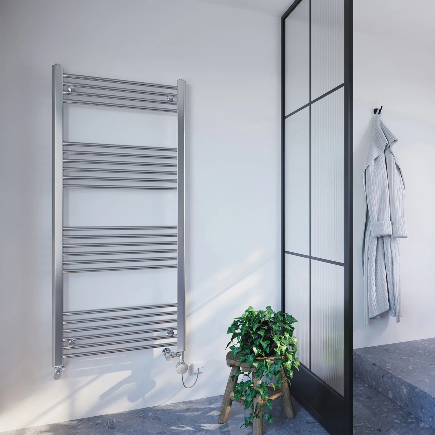 Zennor - Chrome Dual Fuel Towel Rail H1400mm x W600mm Thermostatic - Straight - Image 2