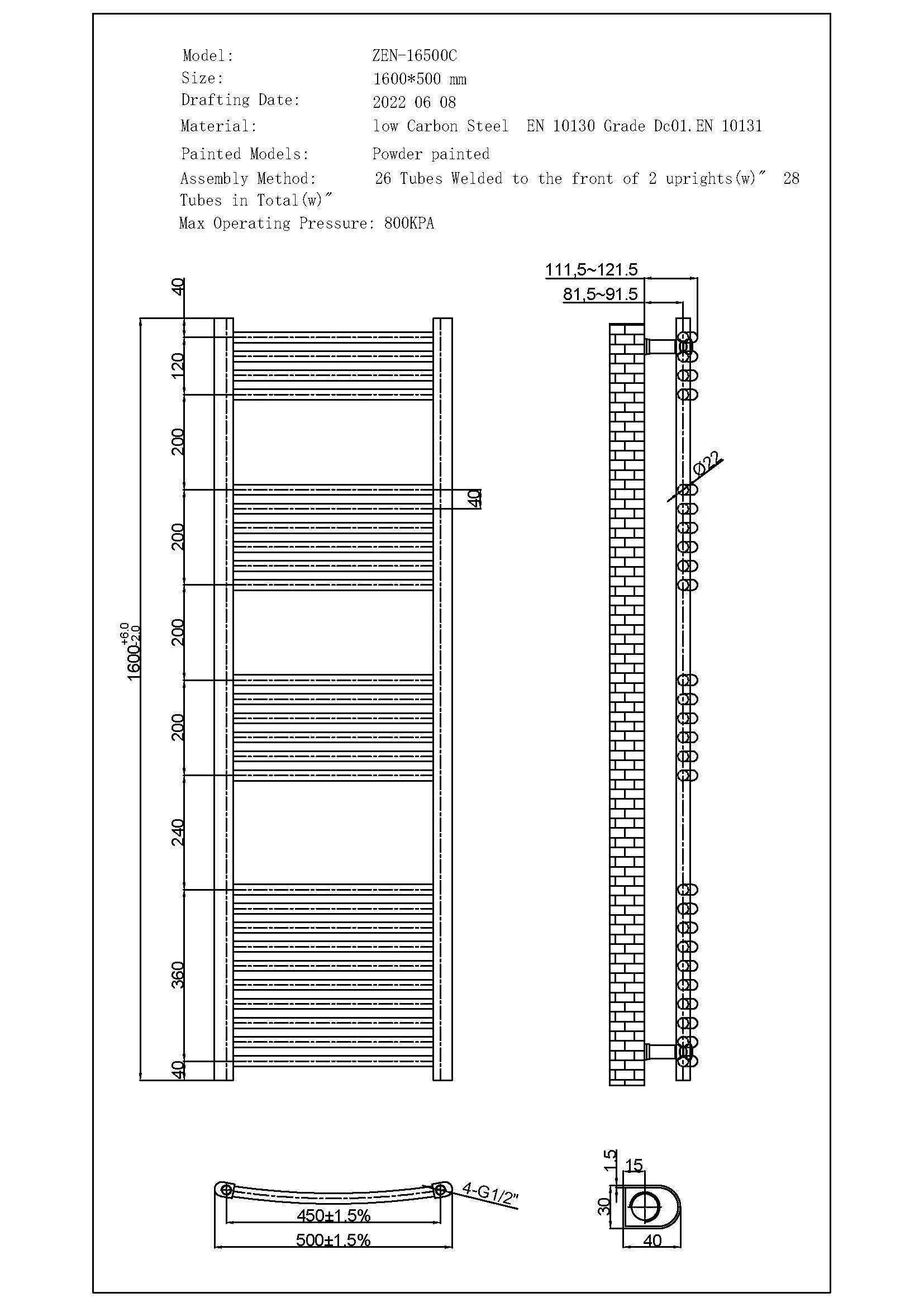 Zennor - Chrome Dual Fuel Towel Rail H1600mm x W500mm Standard - Curved - Image 3