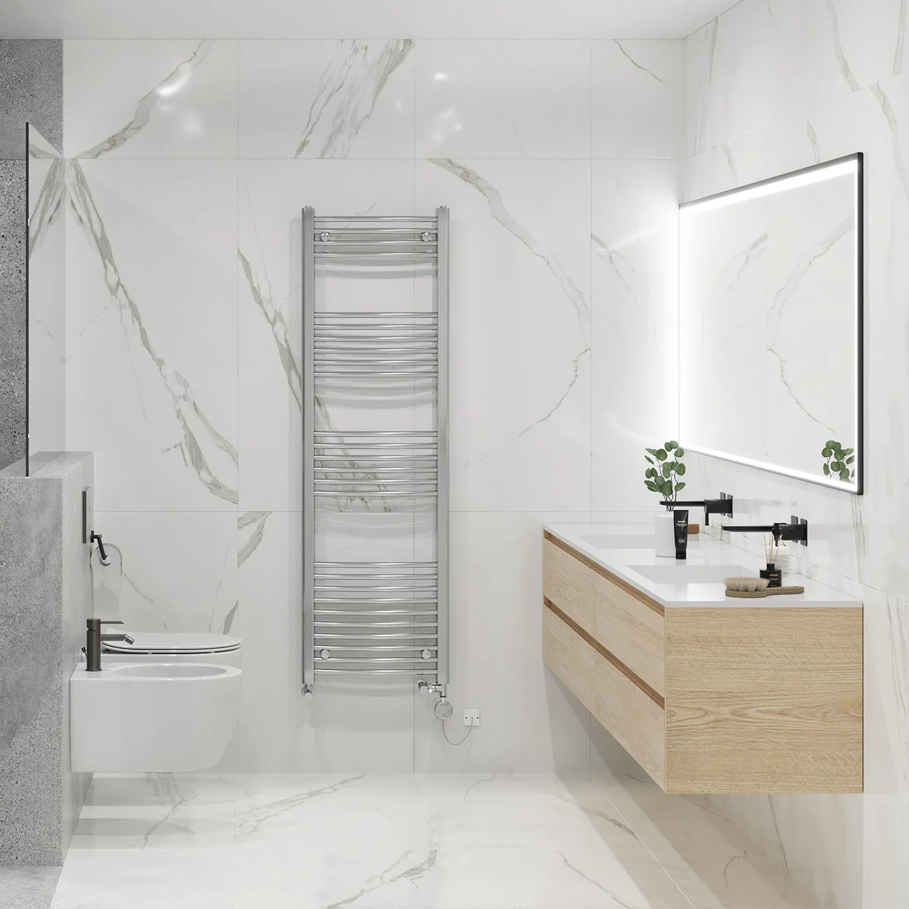 Zennor - Chrome Dual Fuel Towel Rail H1600mm x W500mm Thermostatic - Curved - Image 2