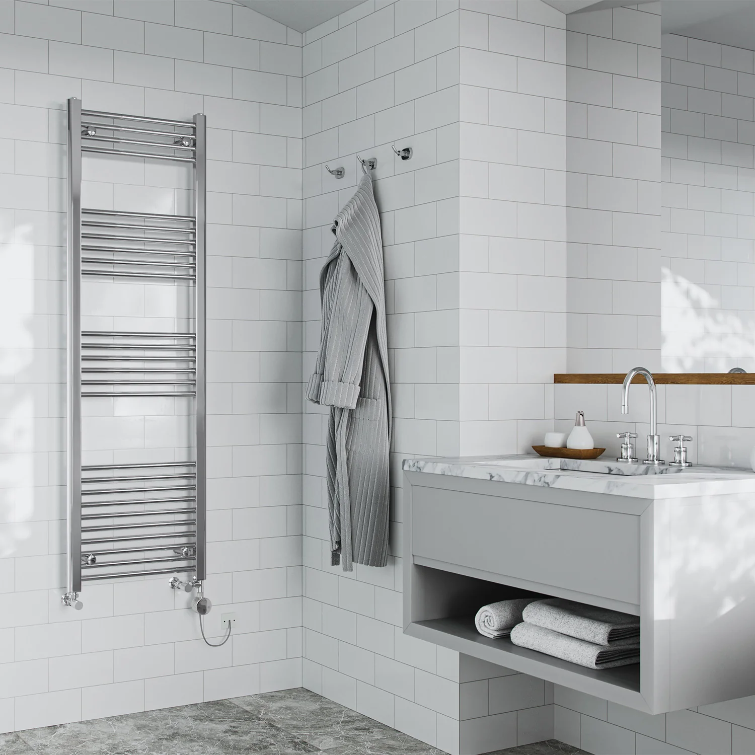 Zennor - Chrome Dual Fuel Towel Rail H1600mm x W500mm Thermostatic - Straight - Image 2
