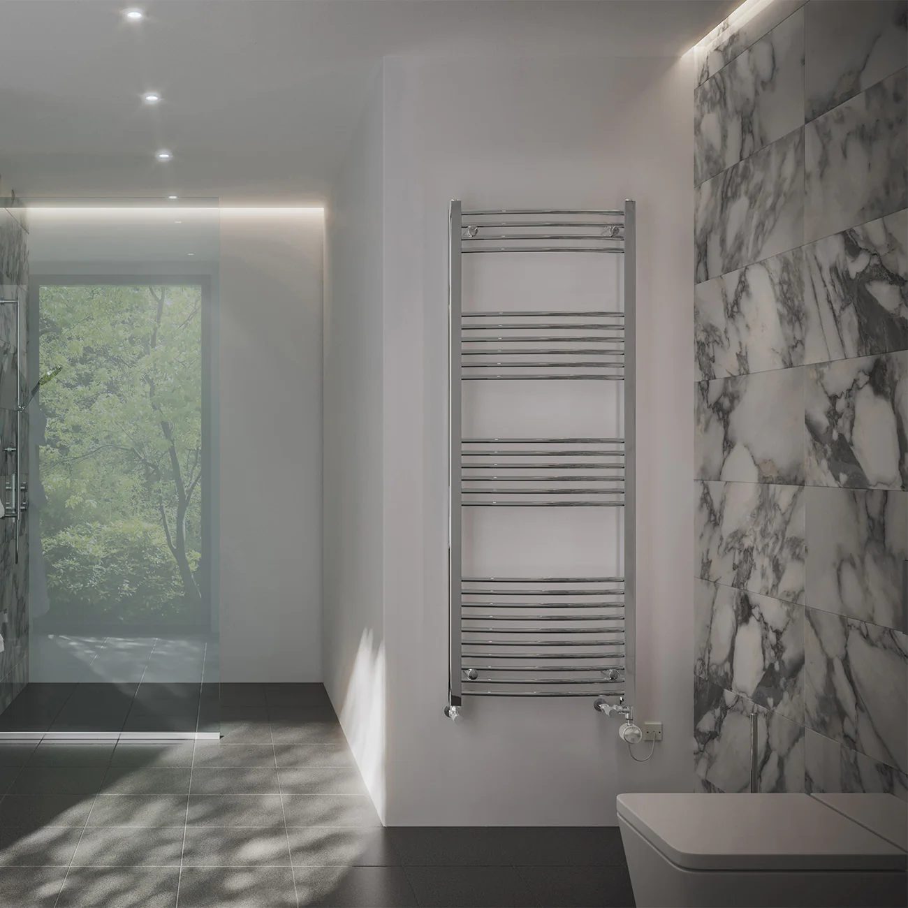 Zennor - Chrome Dual Fuel Towel Rail H1600mm x W600mm Thermostatic - Curved - Image 2