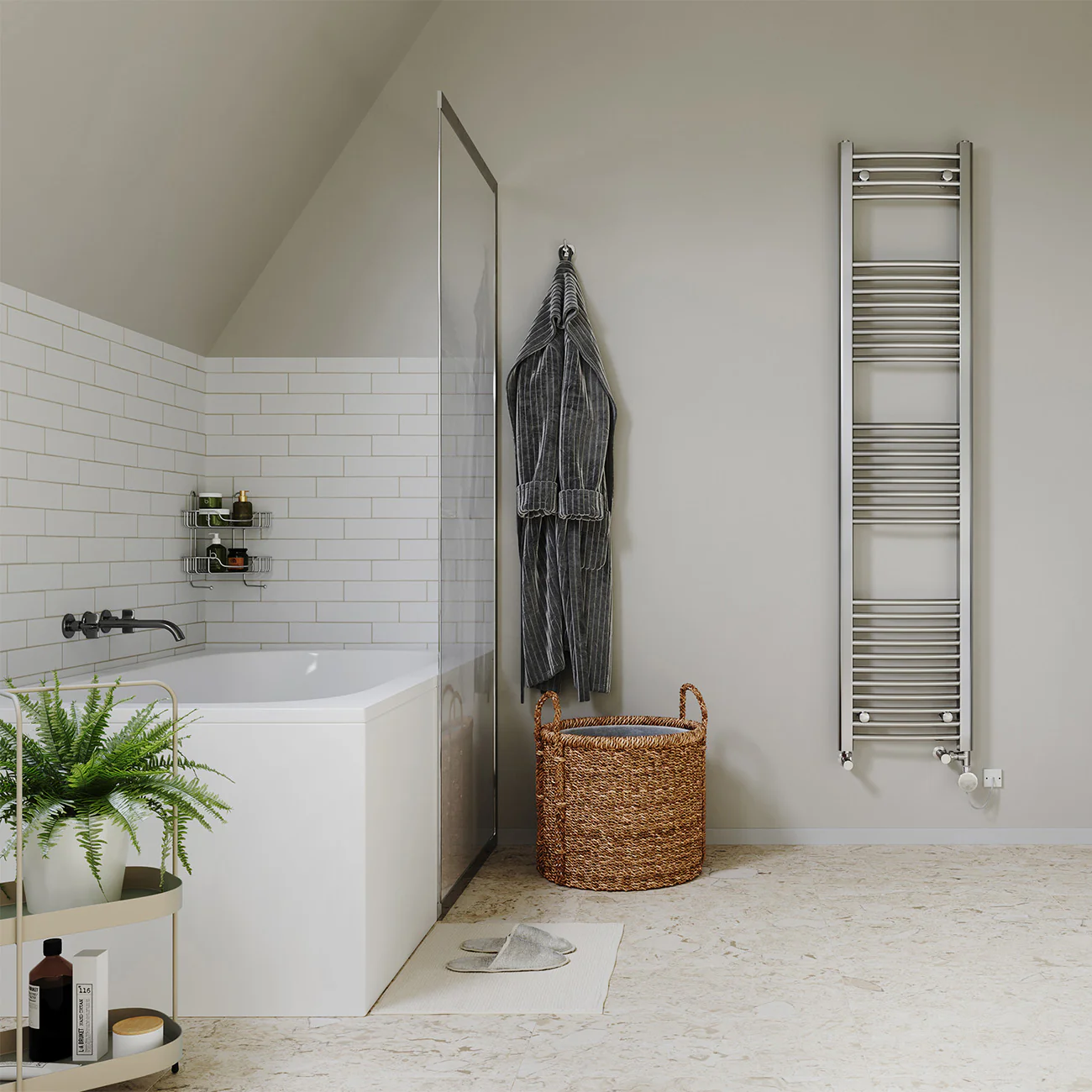Zennor Chrome Dual Fuel Towel Rail 1800mm x 400mm – Thermostatic Curved Bathroom Radiator - Image 2