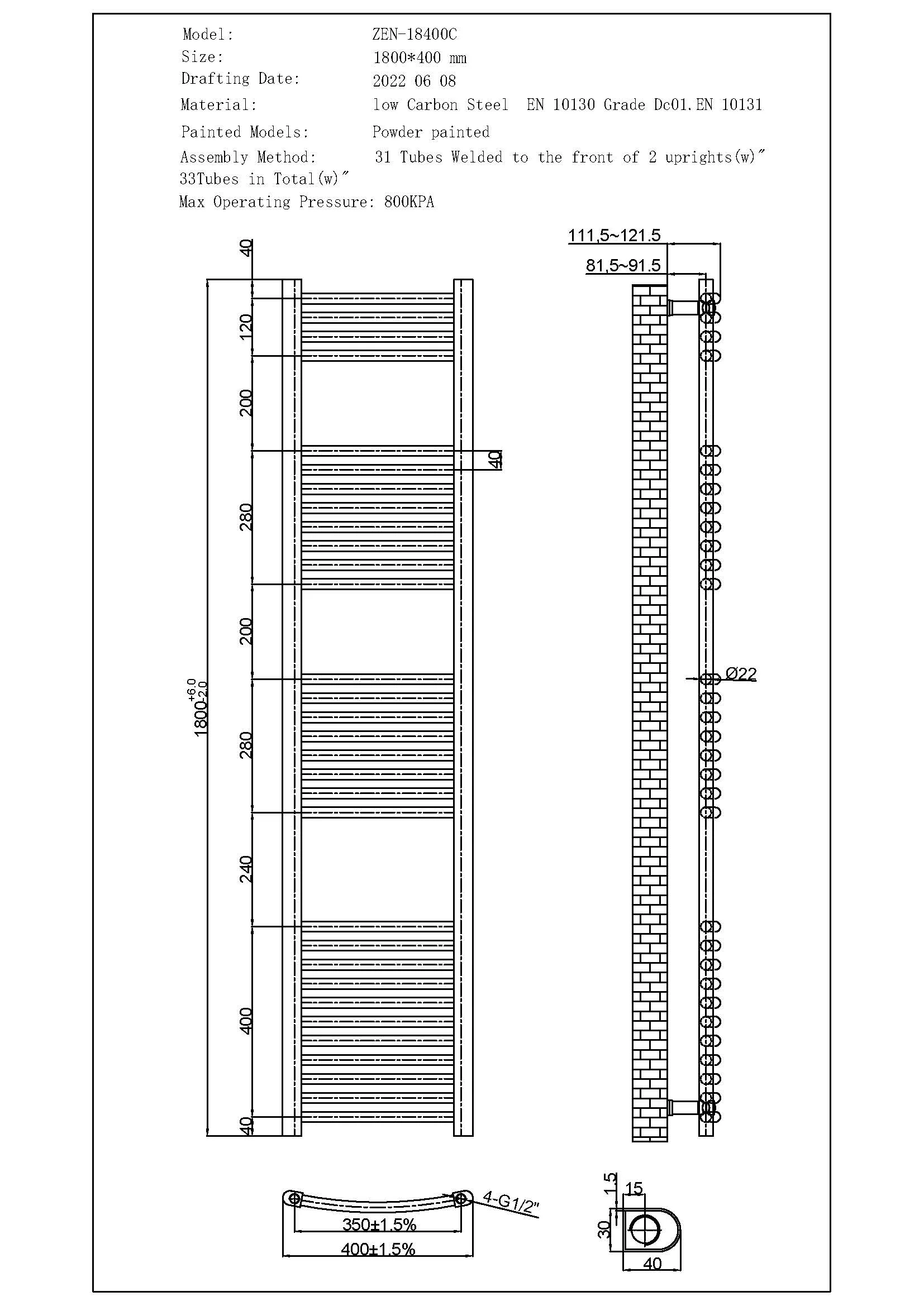 Zennor Chrome Dual Fuel Towel Rail 1800mm x 400mm – Thermostatic Curved Bathroom Radiator - Image 3