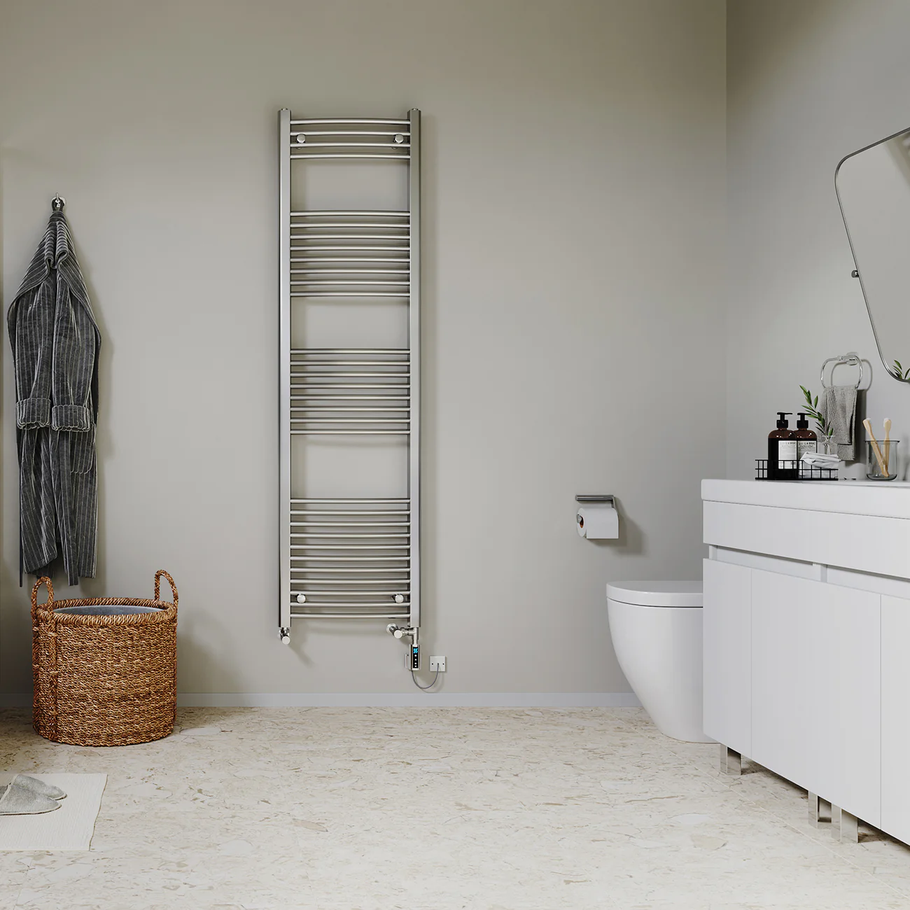 Zennor - Chrome Dual Fuel Towel Rail H1800mm x W500mm Thermostatic WIFI - Curved - Image 2