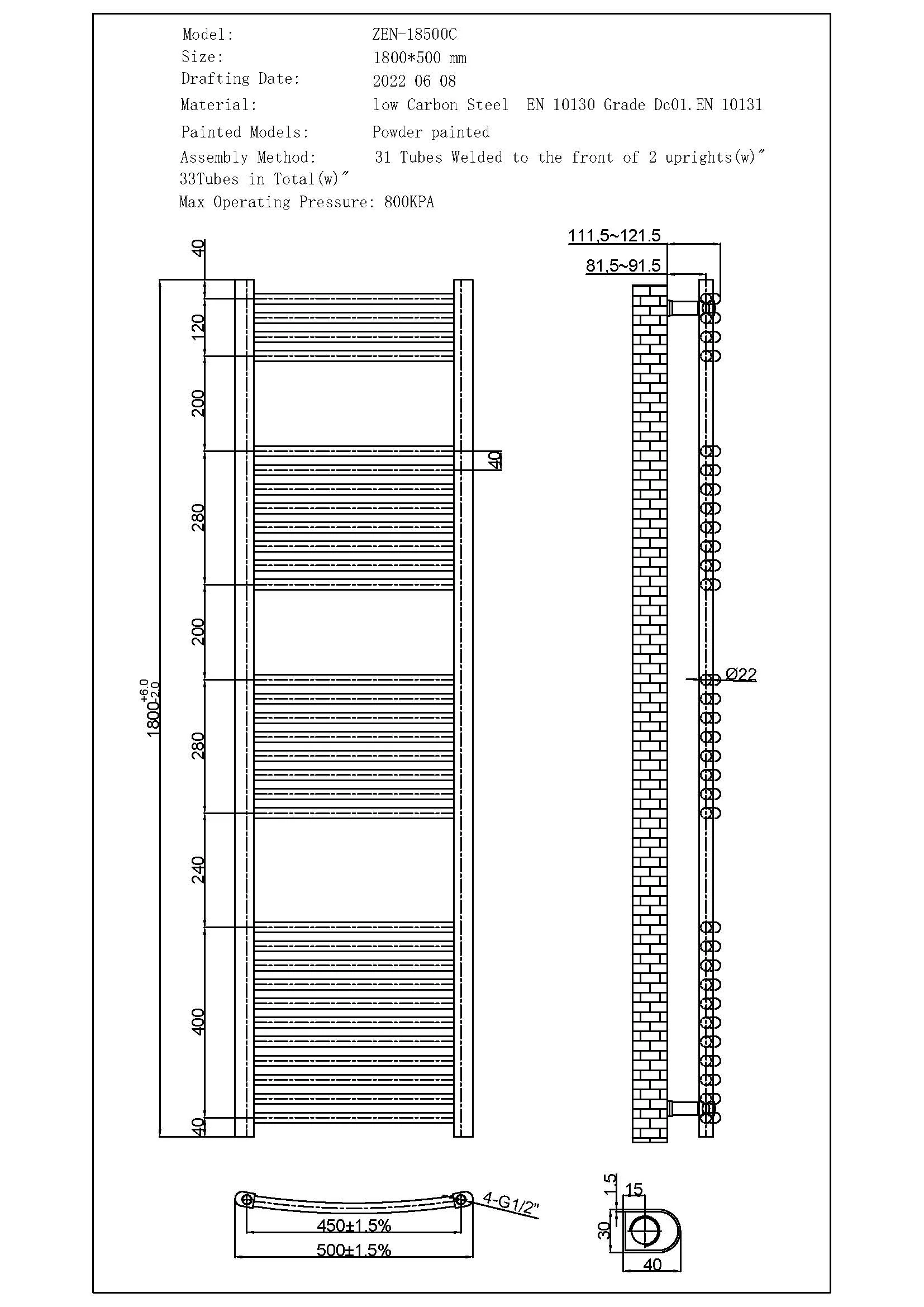 Zennor - Chrome Dual Fuel Towel Rail H1800mm x W500mm Thermostatic WIFI - Curved - Image 3