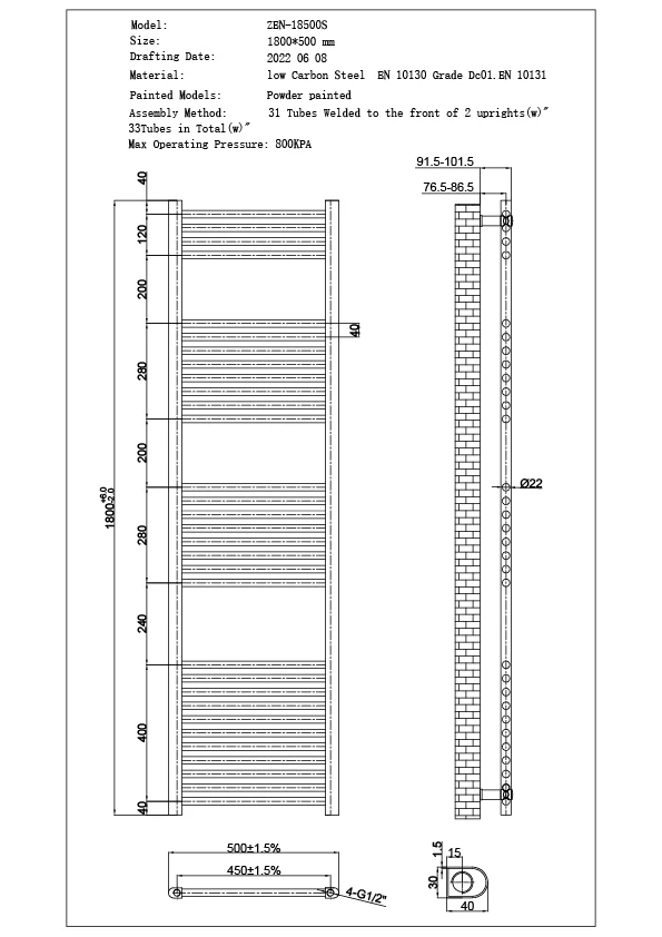 Zennor - Chrome Dual Fuel Towel Rail H1800mm x W500mm Thermostatic WIFI - Straight - Image 3