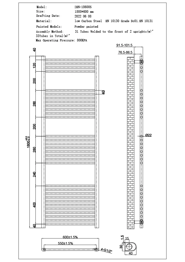 Zennor - Chrome Dual Fuel Towel Rail H1800mm x W600mm Standard - Straight - Image 3