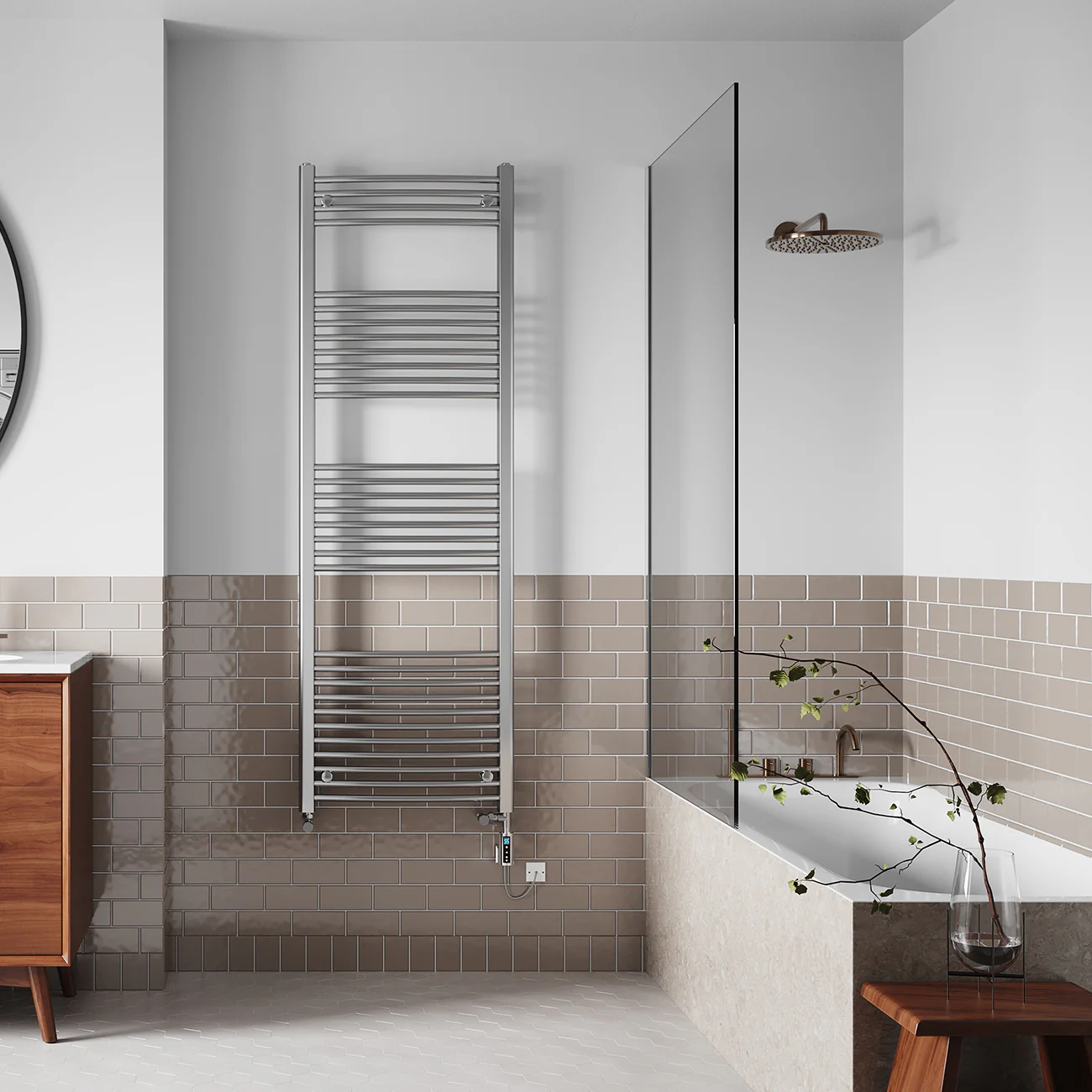 Zennor - Chrome Dual Fuel Towel Rail H1800mm x W600mm Thermostatic WIFI - Curved - Image 2