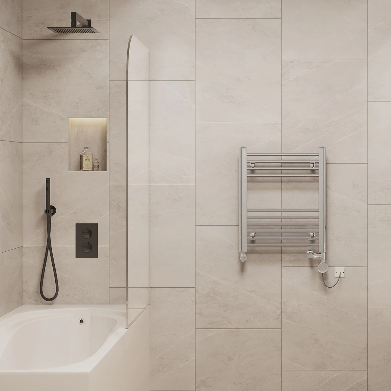 Zennor - Chrome Dual Fuel Towel Rail H600mm x W500mm Thermostatic - Straight - Image 2