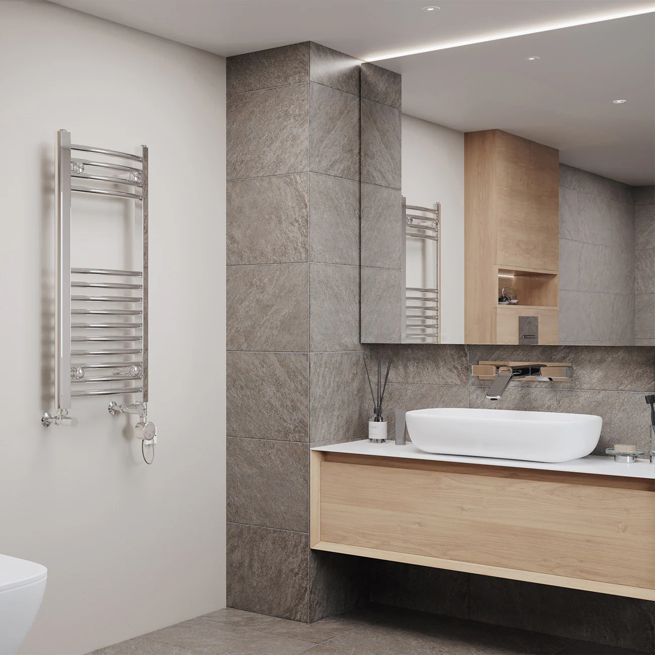 Zennor - Chrome Dual Fuel Towel Rail H800mm x W400mm Thermostatic - Curved - Image 2