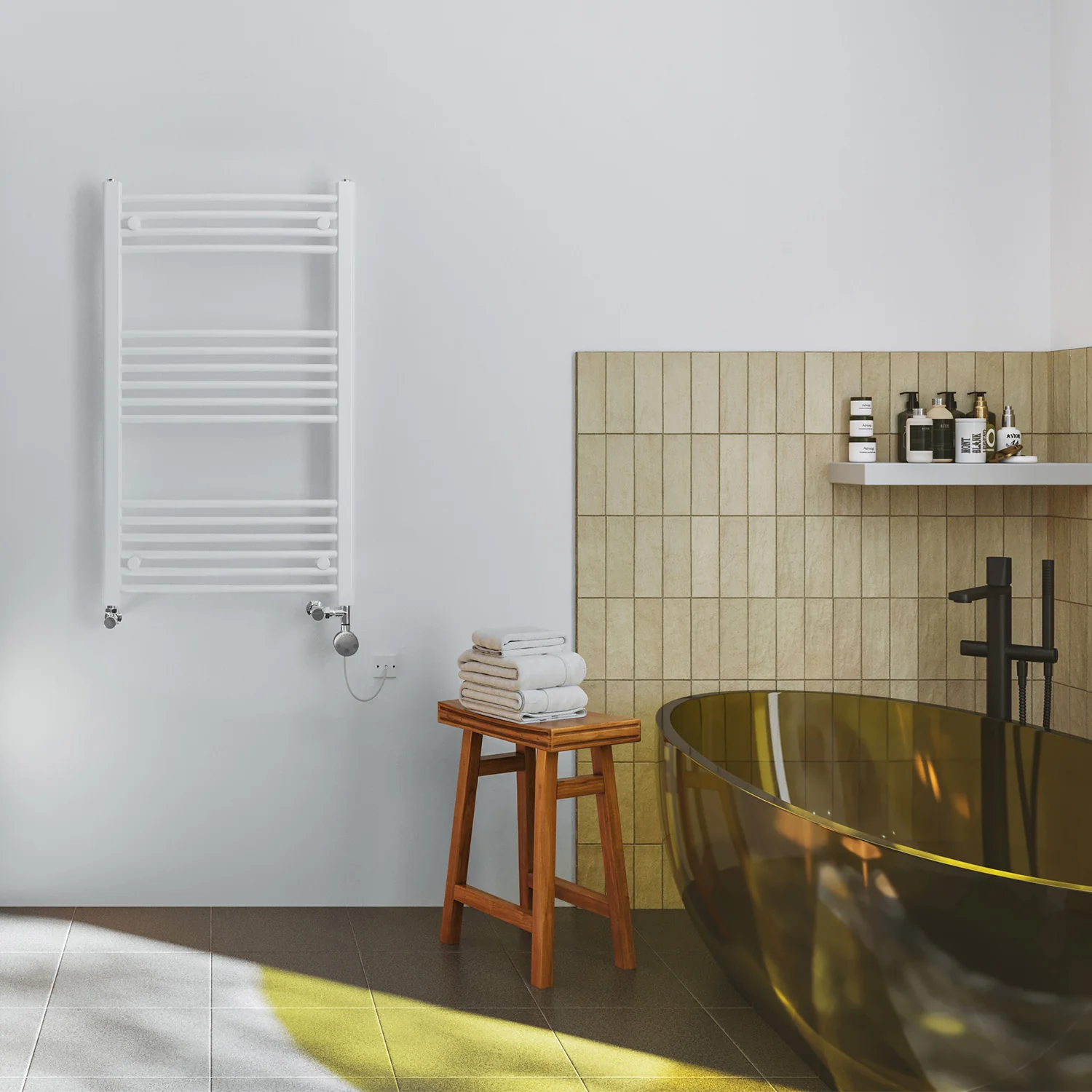 Zennor - White Dual Fuel Towel Rail H1000mm x W600mm Thermostatic - Curved - Image 2