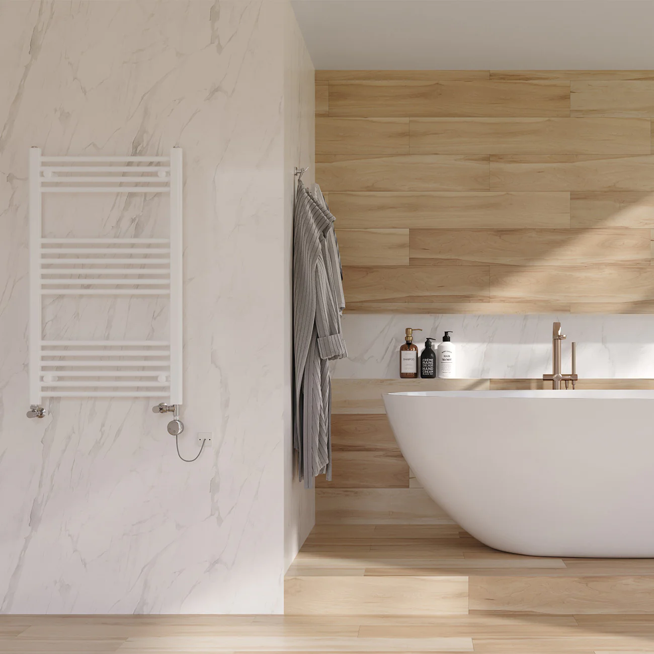 Zennor - White Dual Fuel Towel Rail H1000mm x W600mm Thermostatic - Straight - Image 2