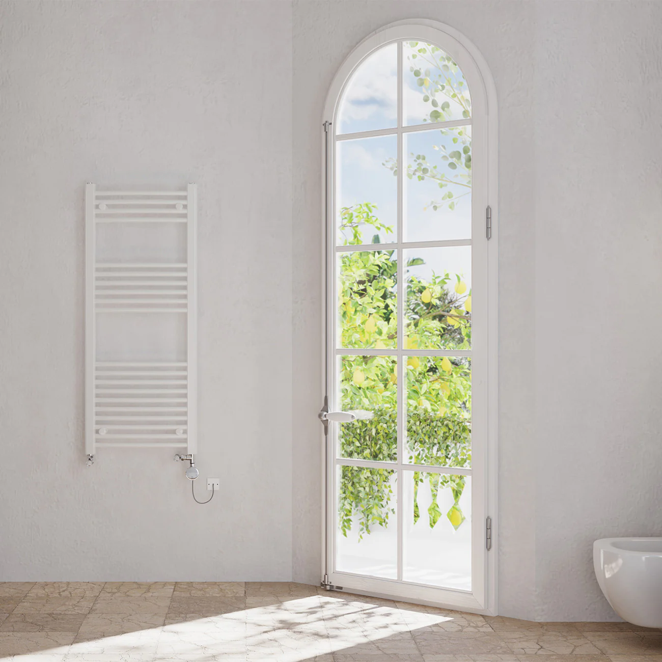 Zennor - White Dual Fuel Towel Rail H1200mm x W500mm Thermostatic - Curved - Image 2
