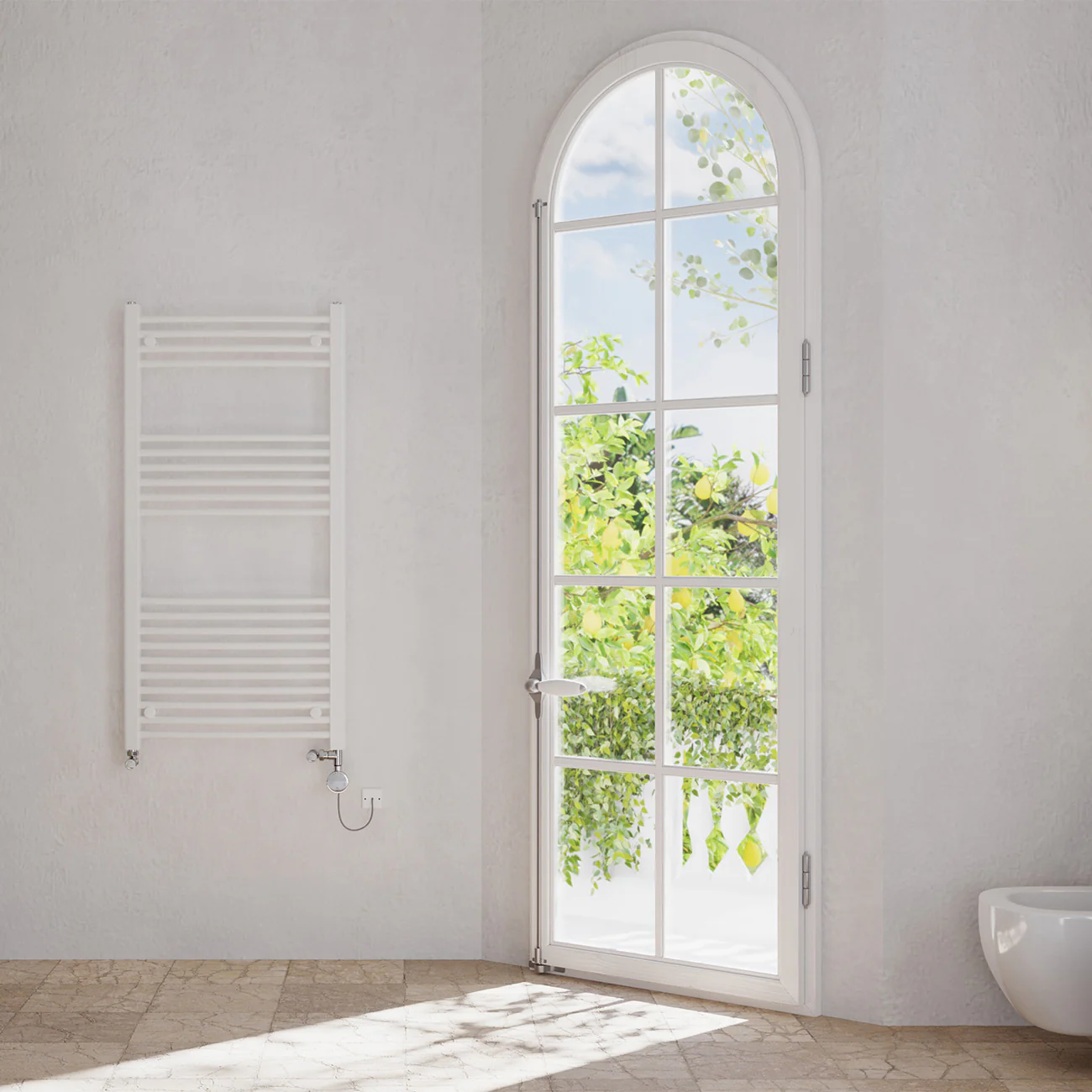 Zennor - White Dual Fuel Towel Rail H1200mm x W600mm Thermostatic - Curved - Image 2