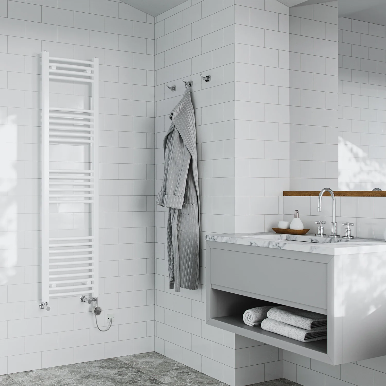 Zennor - White Dual Fuel Towel Rail H1600mm x W400mm Thermostatic - Curved - Image 2