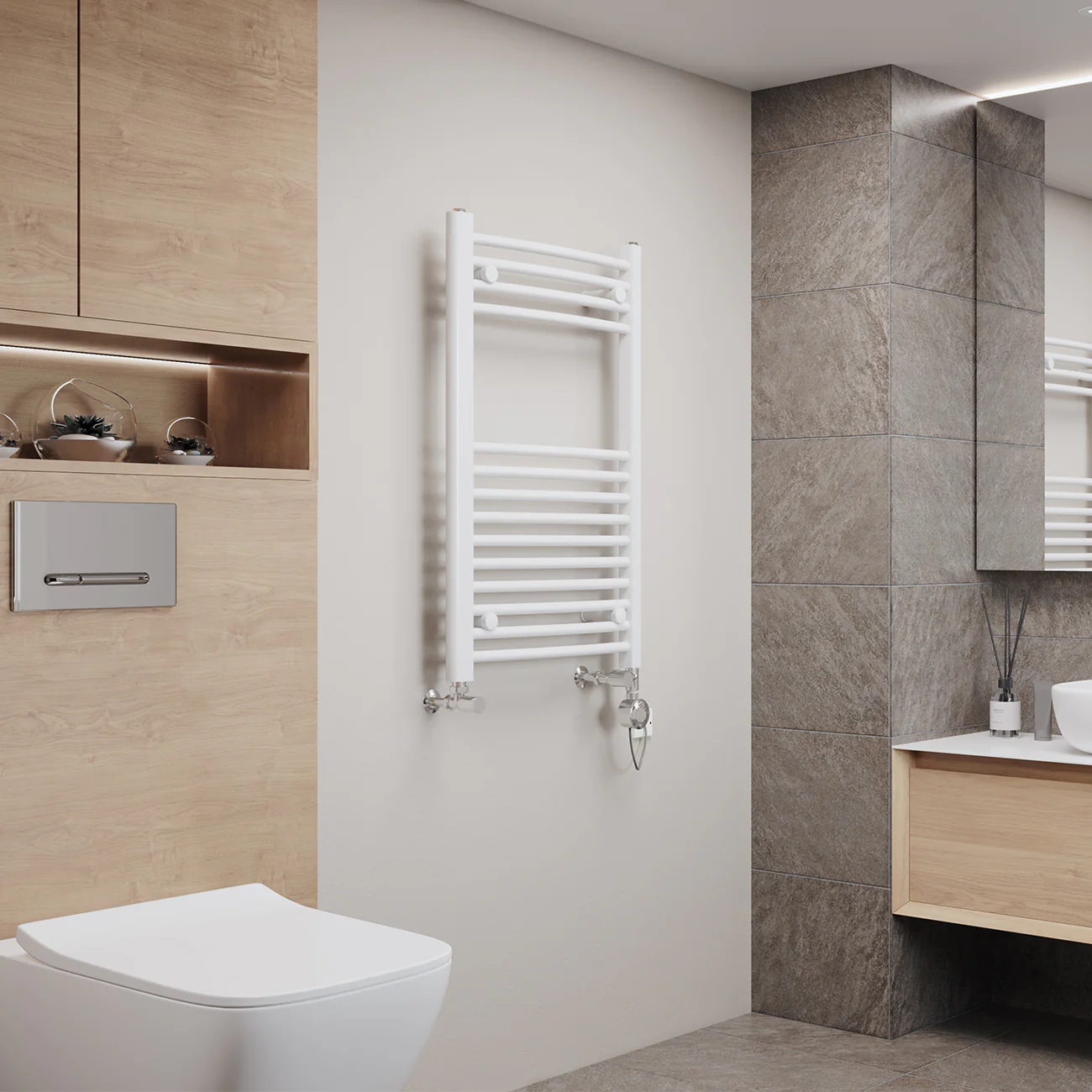 Zennor - White Dual Fuel Towel Rail H800mm x W500mm Thermostatic - Curved - Image 2