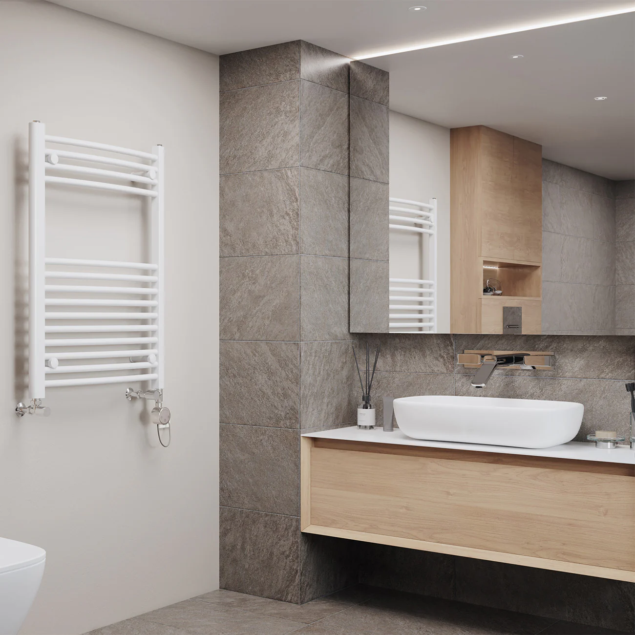 Zennor - White Dual Fuel Towel Rail H800mm x W600mm Thermostatic - Curved - Image 2
